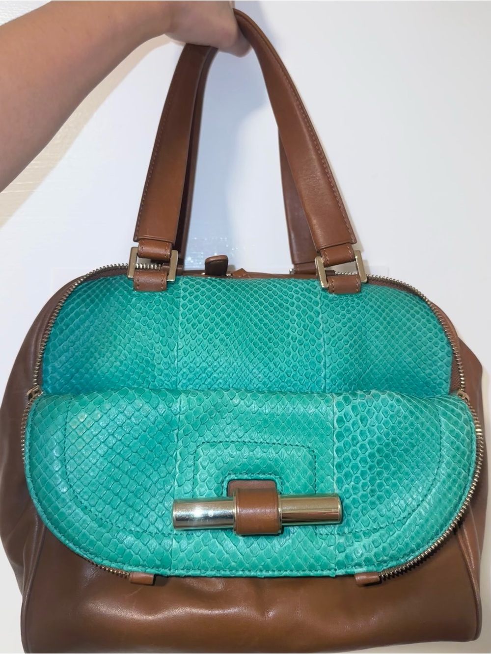 JIMMY CHOO AUTHENTIC Brown & Teal Green Python snake and Leather Bowler Bag